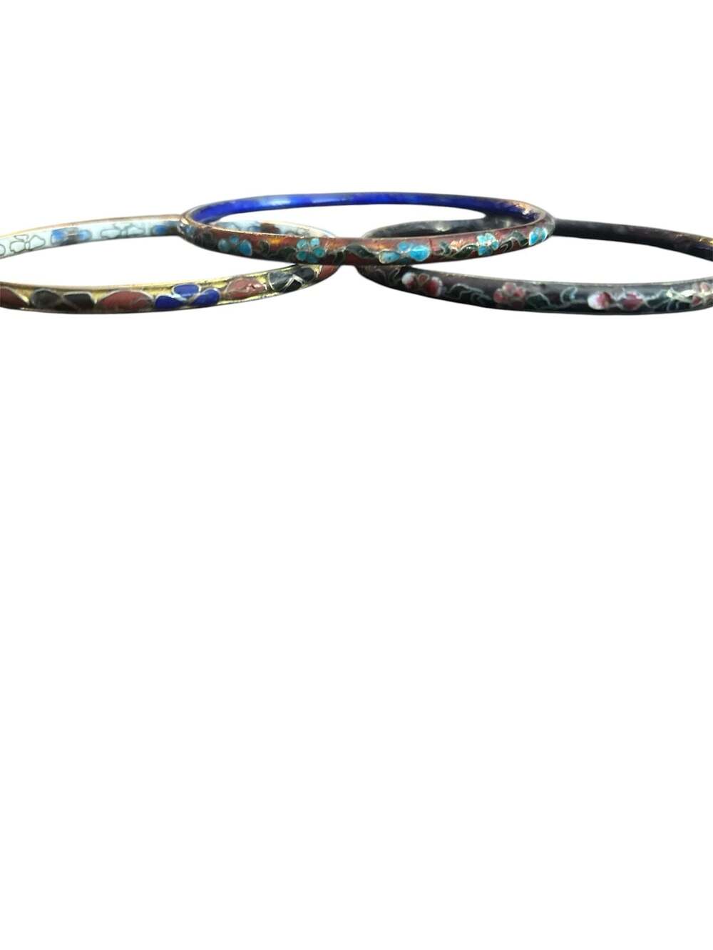 Vintage Set of 3 Chinese Cloisonne Enamel Floral Bangle Bracelets